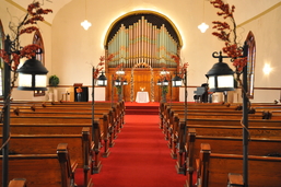 Historic Indiana Wedding Venue The Olde North Chapel decorated for a fall wedding,Vintage Indiana Wedding Venue, Indiana Wedding Ceremony Site
